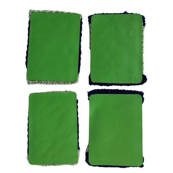 Mug Rugs Coasters Handmade Crochet Navy Blue Green Vinyl Back Set of 4 - Picture 8 of 11